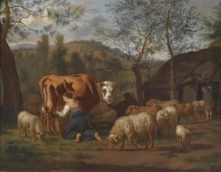 A Milking Maid with Cow and Goats in Front of the Stable